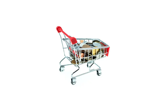 Shopping cart with coins isolated — Stock Photo, Image
