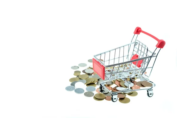 Shopping cart with coins isolated — Stock Photo, Image