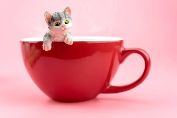 Un modelo de gato en una taza de café rojo —  Fotos de Stock