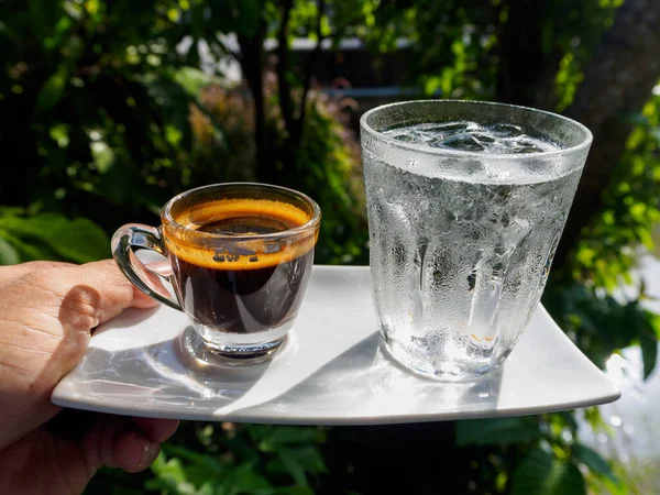 Cup Espresso Table Glass Beaker Shot Cocktail Coffee Drinks Close — Stock Photo, Image