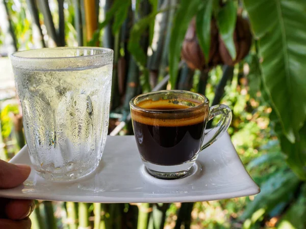 Cup Espresso Table Glass Beaker Shot Cocktail Coffee Drinks Close — Stock Photo, Image