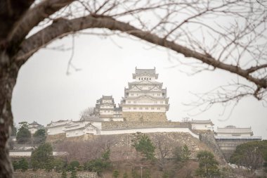 Himeji Kalesi. Himeji, Japonya - 02 Şubat 2019 Yoldan Castle Hill 'e bakın