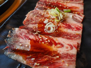 Japon yemek restoranı. Kırsal ahşap arka planda Japon yemekleri