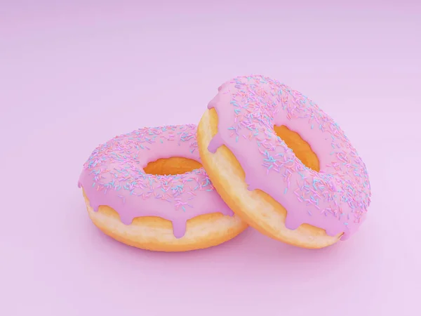 서리가 도넛에 물렸을 스프링 졌습니다 분홍빛 배경에 스프링클러와 충전재가 도넛들이 — 스톡 사진
