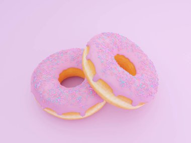 Isırık izi olmayan pembe renkli şekerli donut. Sıralar dolusu renkli çörekler ve pembe arka planda farklı dolgular..