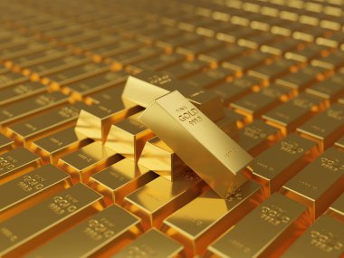 A lot of gold bars stacked in the warehouse. Many bullions closeup. 3d generated image. Financial concepts. many gold bars. Macro view of stacks of gold bars.  clipart