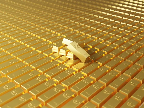 A lot of gold bars stacked in the warehouse. Many bullions closeup. 3d generated image. Financial concepts. many gold bars. Macro view of stacks of gold bars.