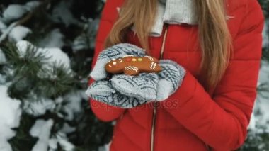 Güzel kadın gingerbread elinde tutan küçük adam, kış manzarası