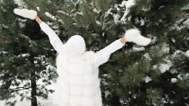 Витончена і весела жінка сміється над зимовим пейзажем — стокове відео