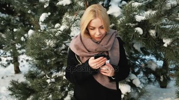 Mulher bonita verifica mensagens perto de pinheiros cobertos de neve . — Vídeo de Stock