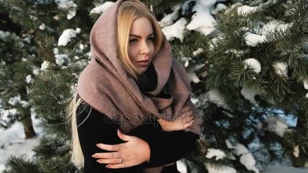 一个女人在一个黑色外套和围巾冻结在冬季的森林 — 图库视频影像