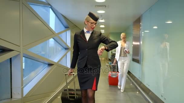 Stewardess komt met een koffer op de luchthaven en glimlacht in grote lijnen. — Stockvideo