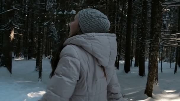 Beautiful brunette walks on snow covered coniferous forest. — Stock Video