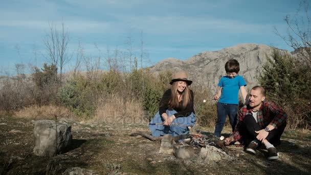 Familjen stekning Zephyr på bål bål med picknick utomhus i naturen — Stockvideo