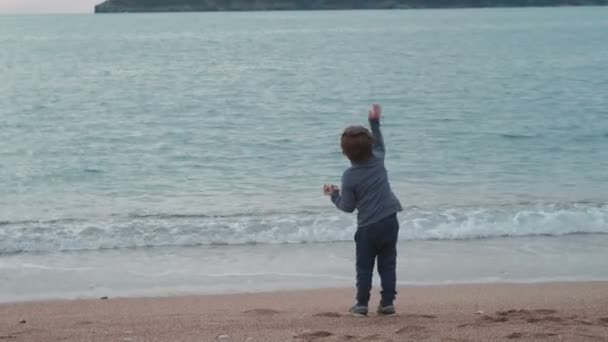 Kleine jongen gooien stenen naar zee. Uitzicht vanaf de achterkant. — Stockvideo