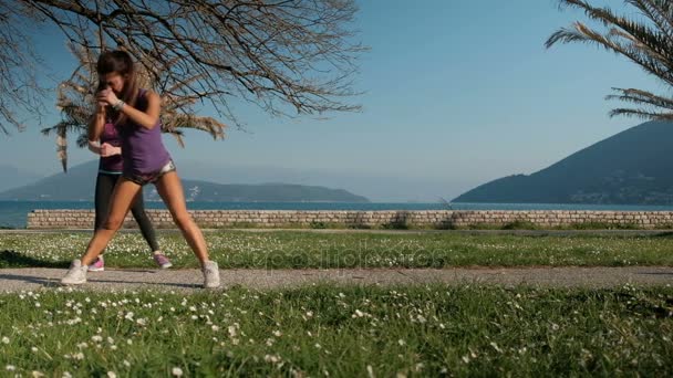 Dos mujeres en ropa deportiva haciendo saltos al aire libre . — Vídeos de Stock