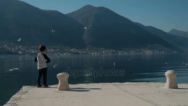 Kleiner Junge steht in Zeitlupe auf Seebrücke und wirft Steine ins Wasser — Stockvideo