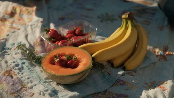 Romantisches Picknick mit Früchten am Ufer des Meeres ist Nahaufnahme von oben. — Stockvideo