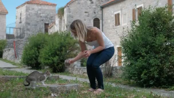 Молодая женщина кормит кошку, стоя на улице в летний день. Она осторожно выливает сухую еду из стекла. — стоковое видео