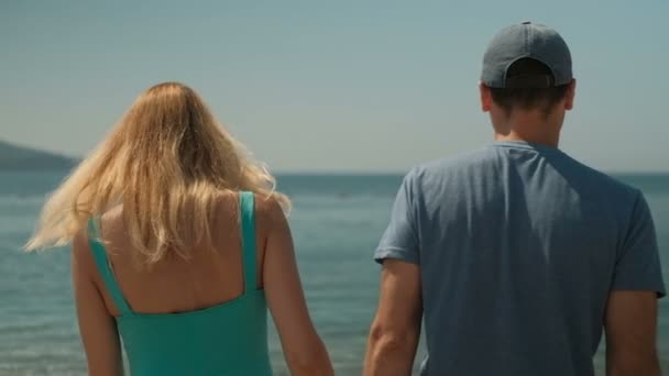 屋外の日当たりの良い午後ビーチに沿って歩く若いカップル. — ストック動画