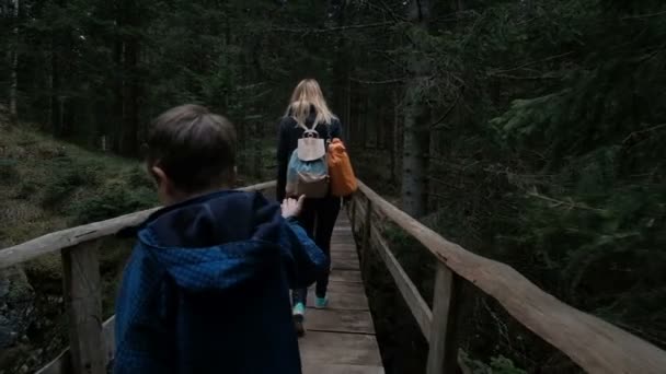 Personer med barn passerar långsamt genom den gamla träbron. — Stockvideo