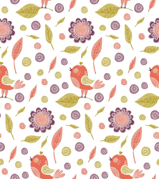 Modèle sans couture avec oiseaux, fleurs et feuilles — Image vectorielle