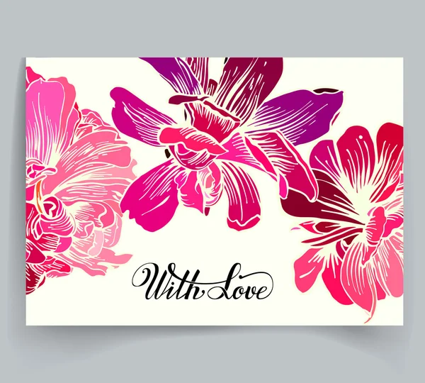 Briefkaart "met liefde" met rode bloemen — Stockvector