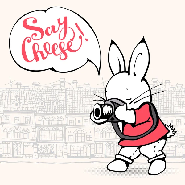 Bunny with a camera in the city. — Stockový vektor