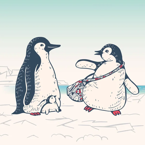 Karikatür penguen aile — Stok Vektör