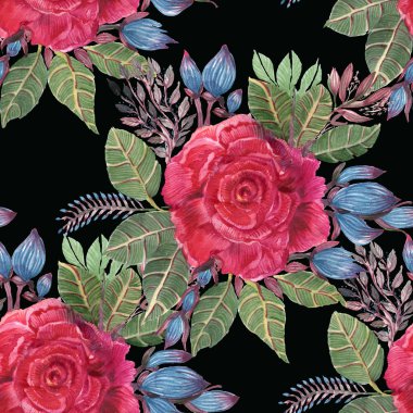 suluboya güller ve mavi çiçekler