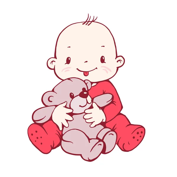 Mignon bébé garçon avec ours en peluche — Image vectorielle