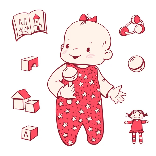 Mignon bébé fille avec des jouets — Image vectorielle