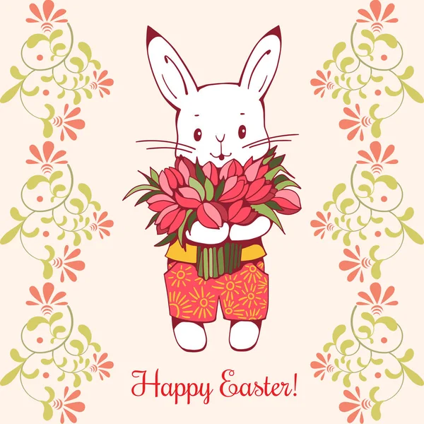 Conejito de Pascua con flores — Archivo Imágenes Vectoriales