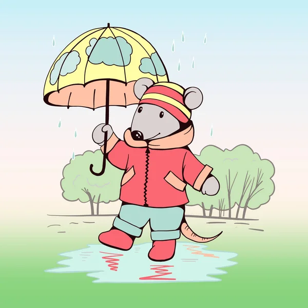 Ποντίκι με μια ομπρέλα στη βροχή — Διανυσματικό Αρχείο