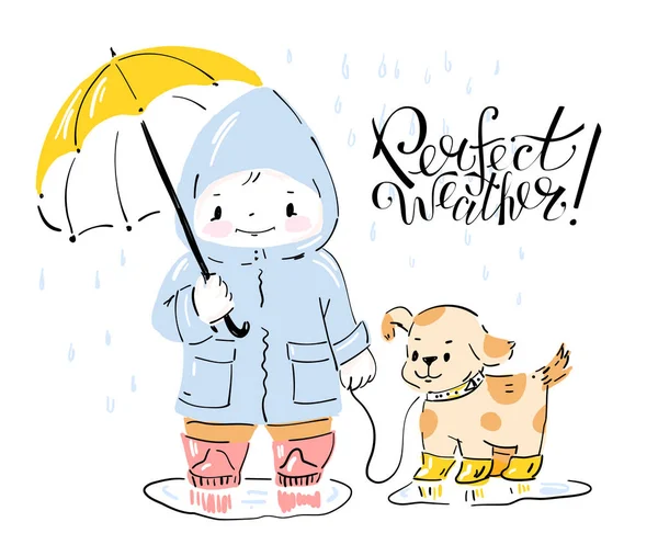 犬と傘を持つ少女 — ストックベクタ
