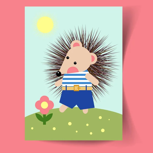 Carte postale avec hérisson et fleur — Image vectorielle