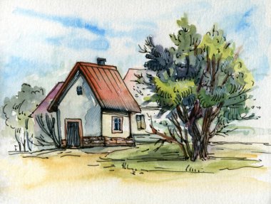 Küçük köy çizim suluboya