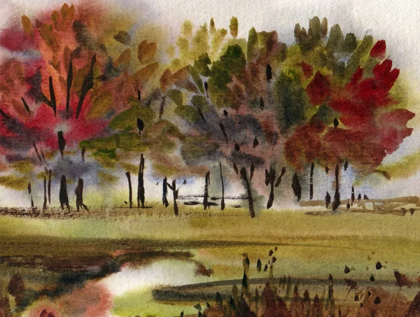 Paysage aquarelle automne — Photo