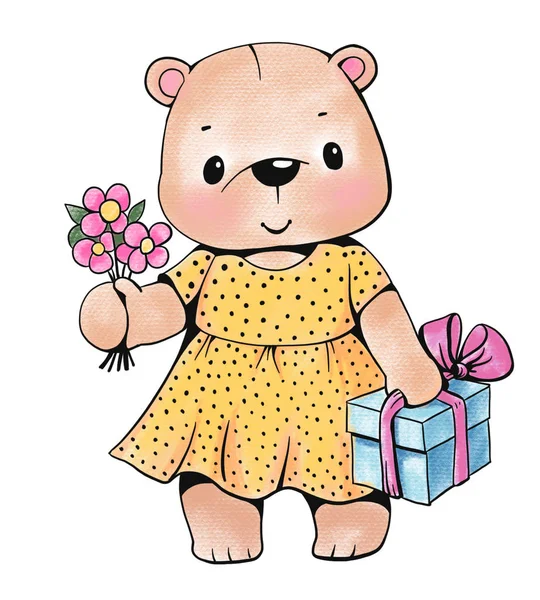 Teddy bear with gift and flowers — Stock Photo, Image