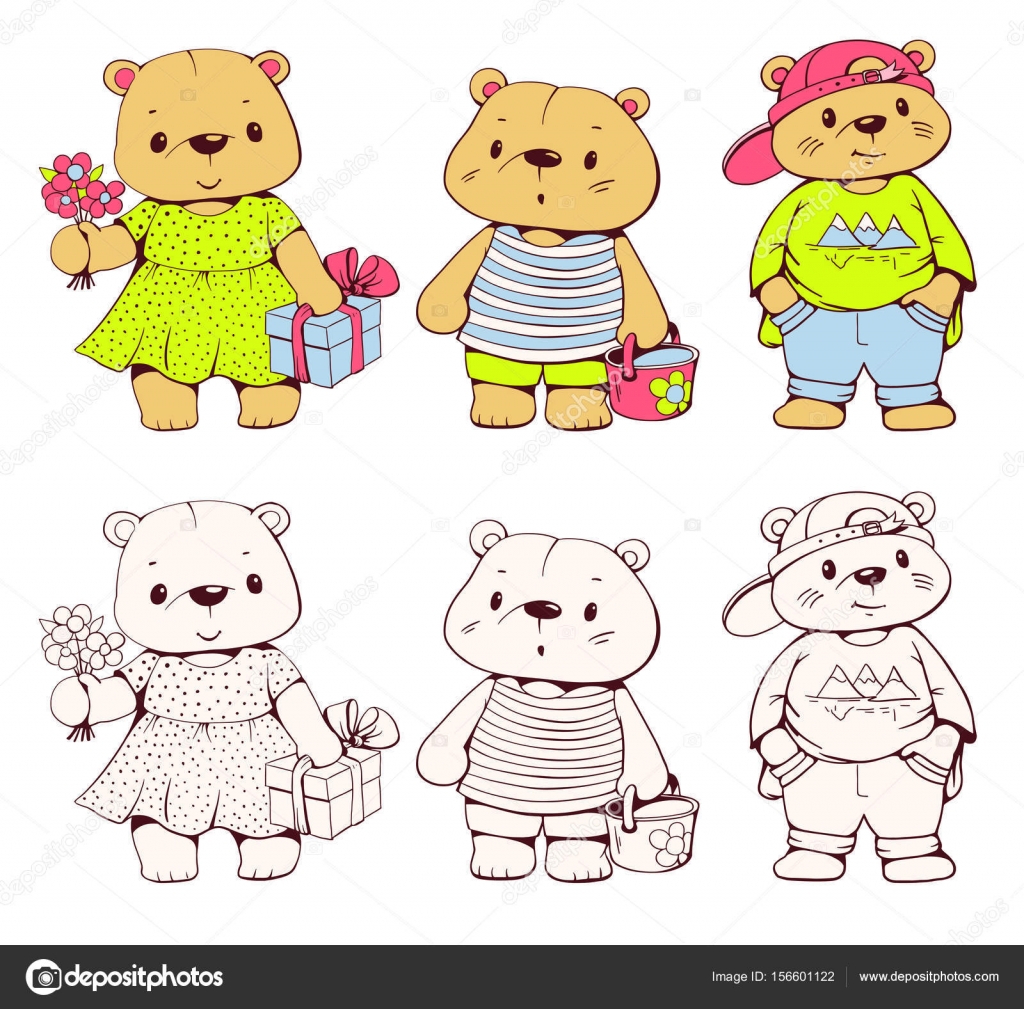 Insieme di vettore degli orsi del fumetto divertente isolato da un background Versione bianco e nero e colore Illustrazione disegnata a mano — Vettoriali