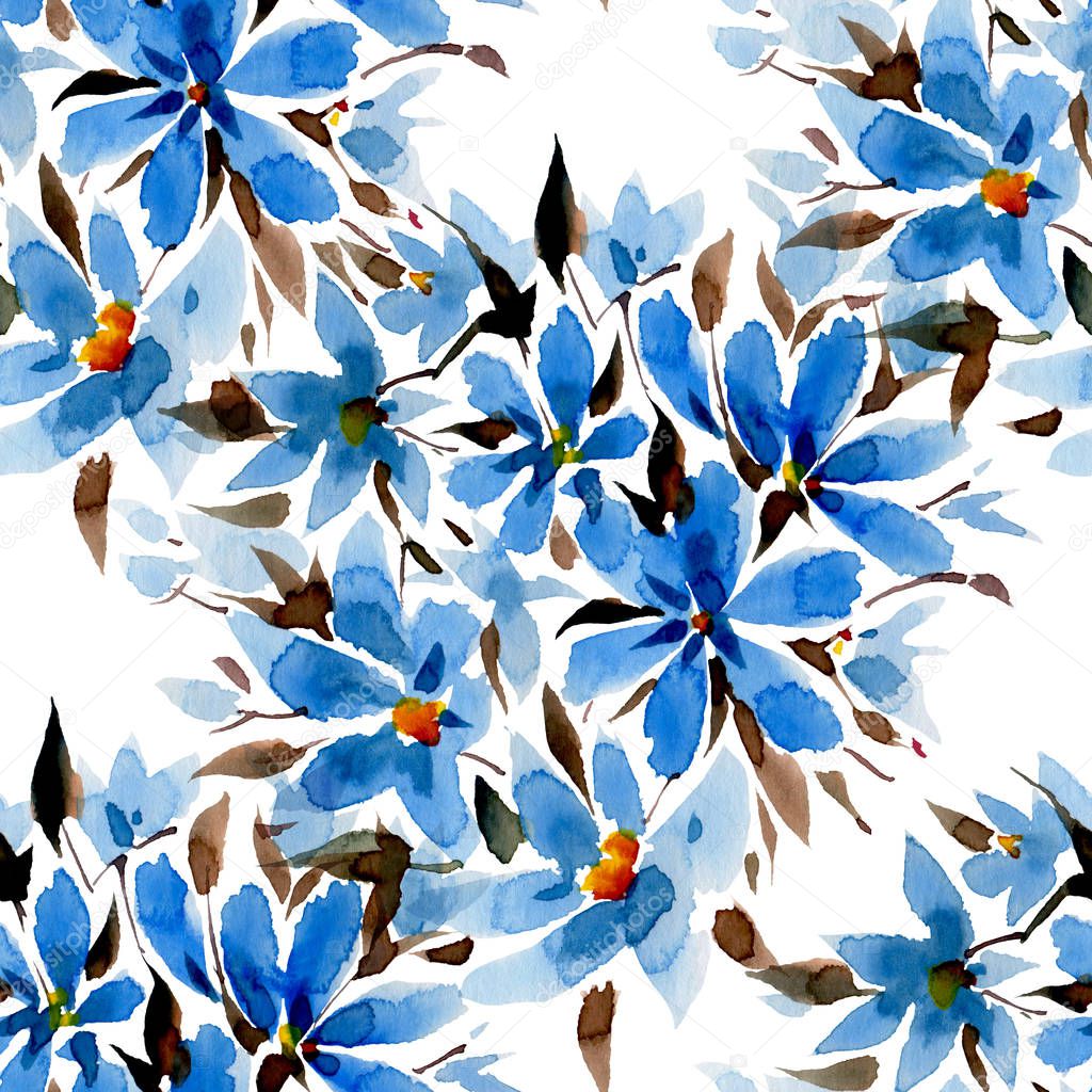 pattern with blue watercolor flowers