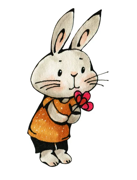 Watercolor drawing of a cute Bunny with flowers — Stock Photo, Image