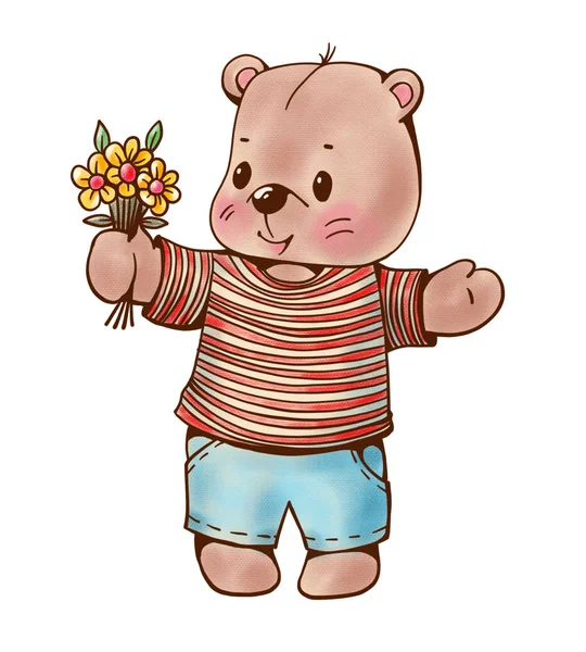 Urso de pelúcia com um buquê de flores — Fotografia de Stock