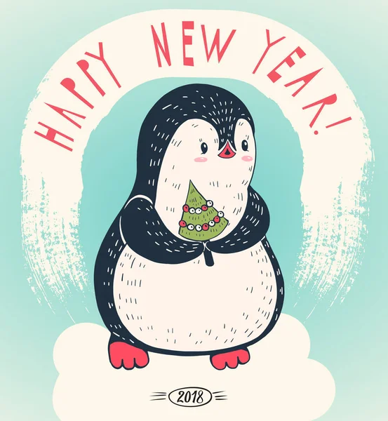 Lindo pingüino con árbol de Navidad — Vector de stock