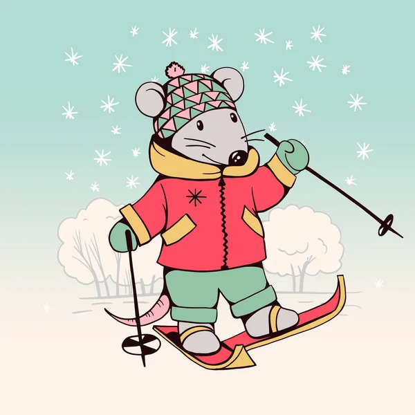 スキーと漫画マウス — ストックベクタ