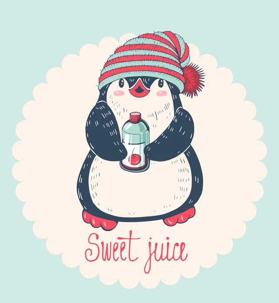 Pingüino con una botella de jugo — Vector de stock