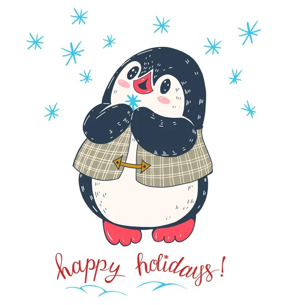 Pingüino de dibujos animados con copo de nieve — Vector de stock