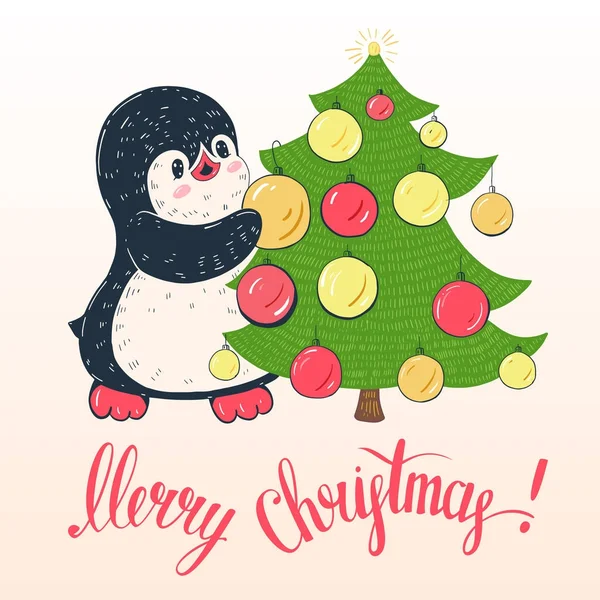 Pingüino con árbol de Navidad — Vector de stock