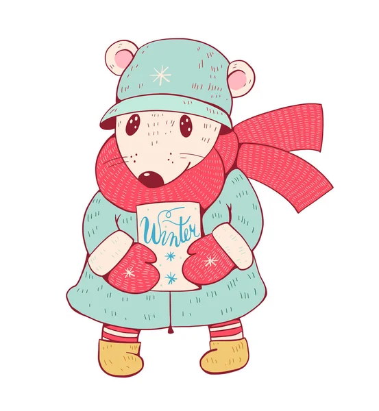 Mouse cartone animato in abiti invernali — Vettoriale Stock
