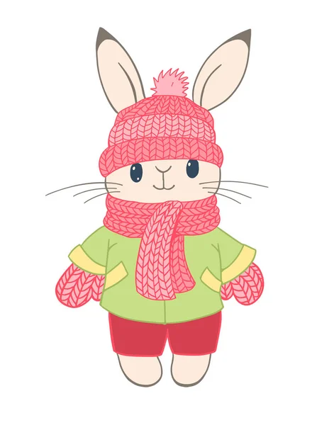 Coelhinho dos desenhos animados em roupas quentes de inverno — Vetor de Stock